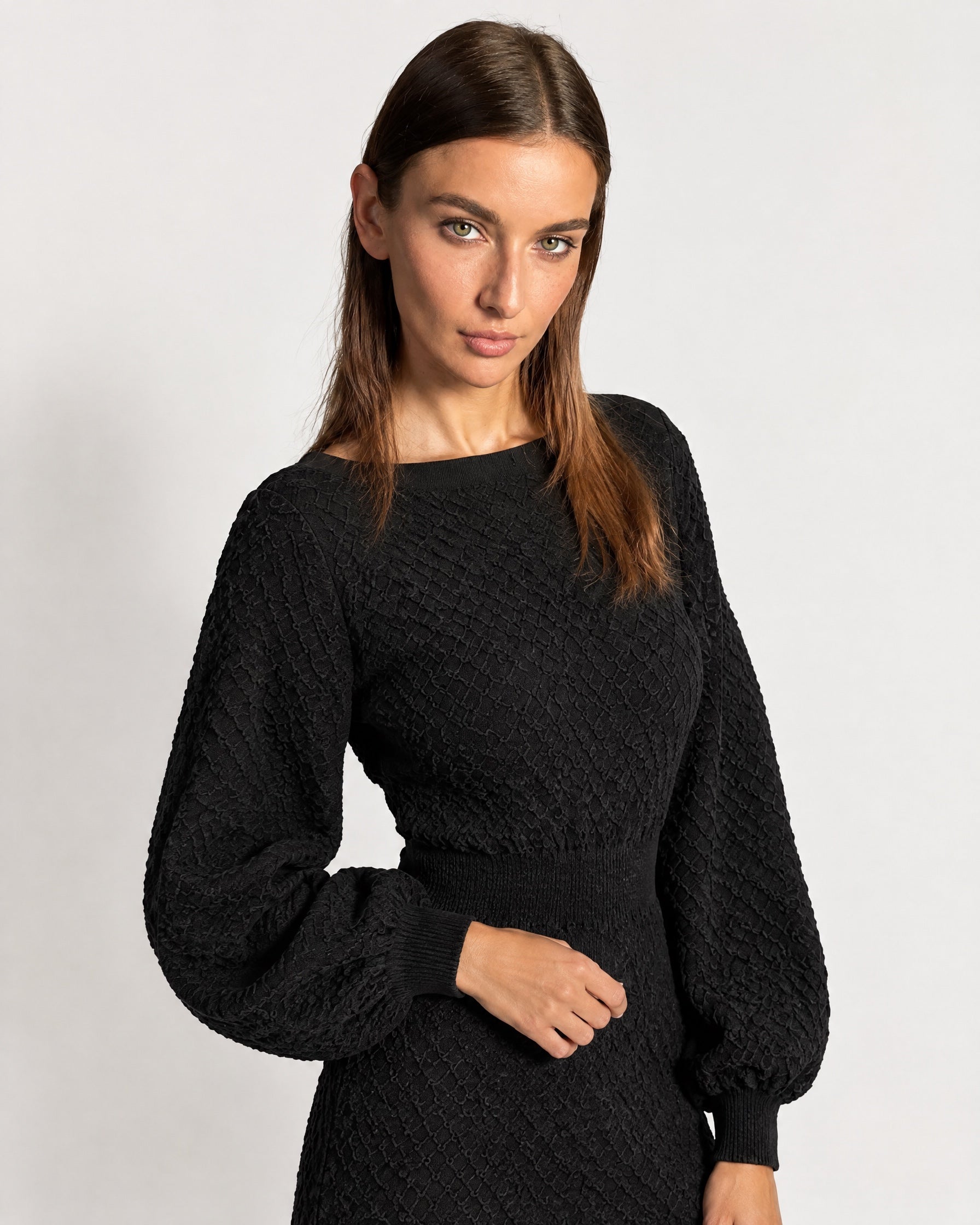 Black Knitted Dress Textured Mini Sweater Dress with Balloon Sleeves