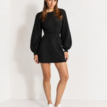 Black Knitted Dress Textured Mini Sweater Dress with Balloon Sleeves