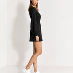 Black Knitted Dress Textured Mini Sweater Dress with Balloon Sleeves