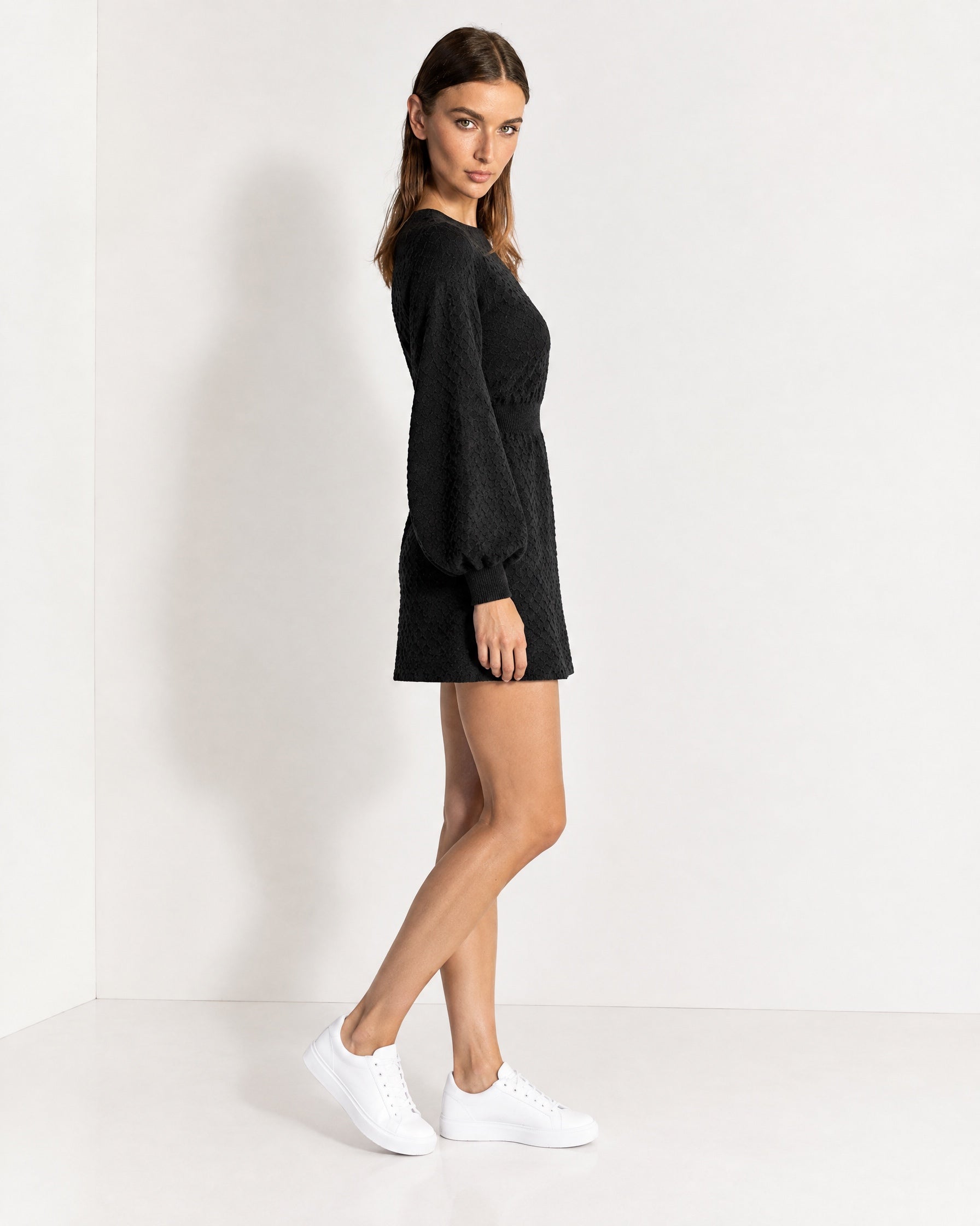 Black Knitted Dress Textured Mini Sweater Dress with Balloon Sleeves
