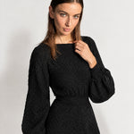 Black Knitted Dress Textured Mini Sweater Dress with Balloon Sleeves