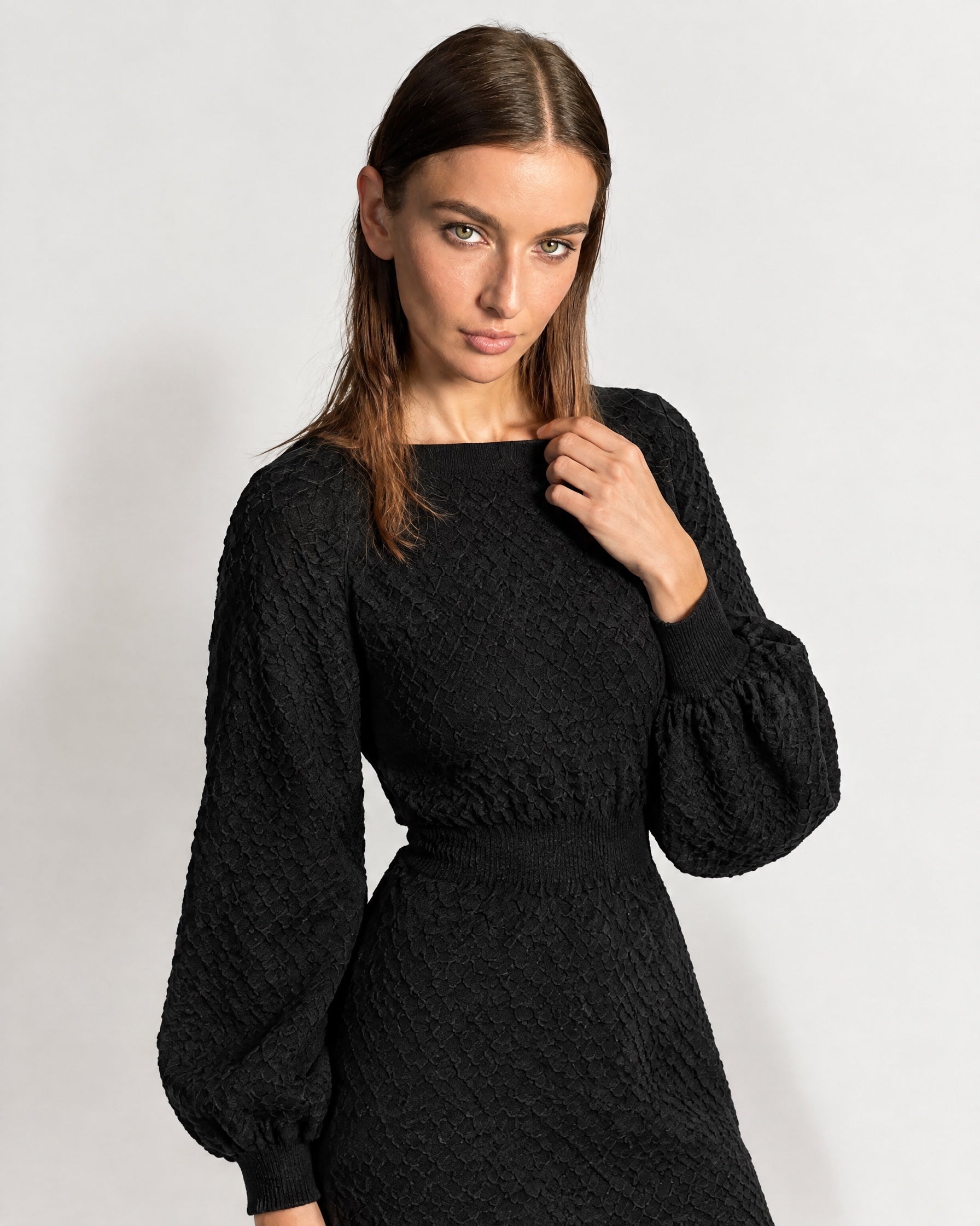 Black Knitted Dress Textured Mini Sweater Dress with Balloon Sleeves