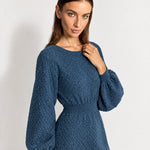 Blue Knitted Dress Textured Mini Sweater Dress with Balloon Sleeves