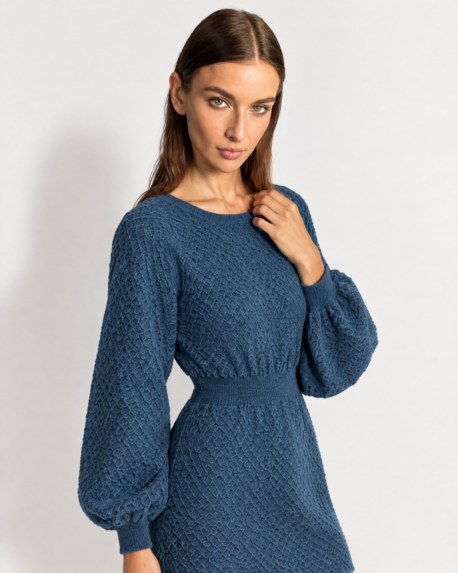 Blue Knitted Dress Textured Mini Sweater Dress with Balloon Sleeves