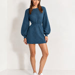 Blue Knitted Dress Textured Mini Sweater Dress with Balloon Sleeves