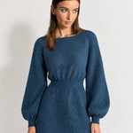 Blue Knitted Dress Textured Mini Sweater Dress with Balloon Sleeves