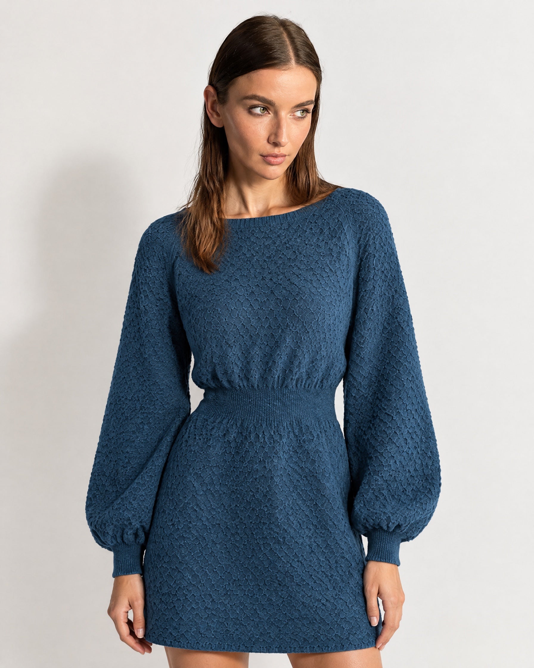 Blue Knitted Dress Textured Mini Sweater Dress with Balloon Sleeves
