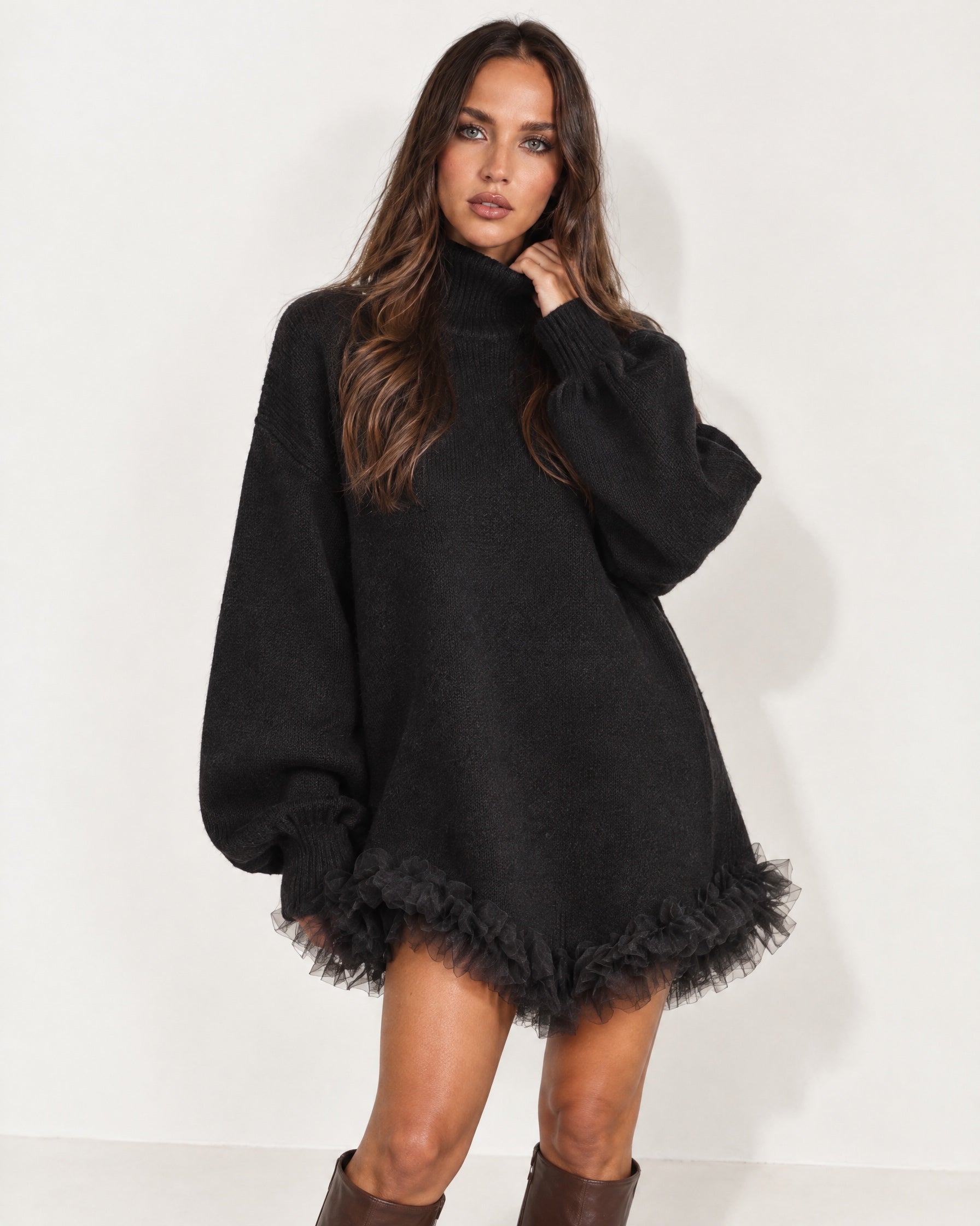 Black Jumper Dress High Neck with Tulle Hem