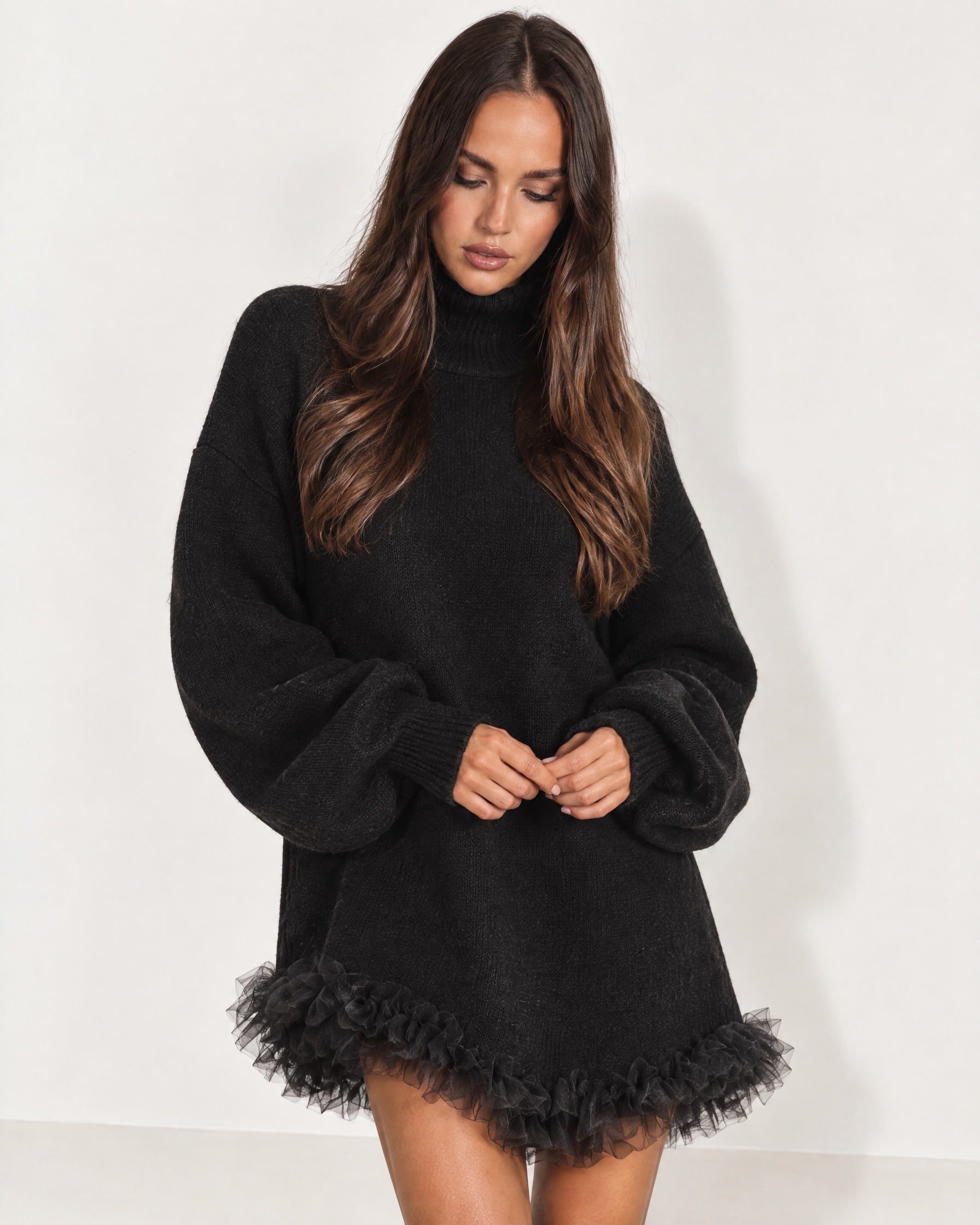 Black Jumper Dress High Neck with Tulle Hem