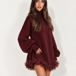 Dark Red Jumper Dress High Neck with Tulle Hem