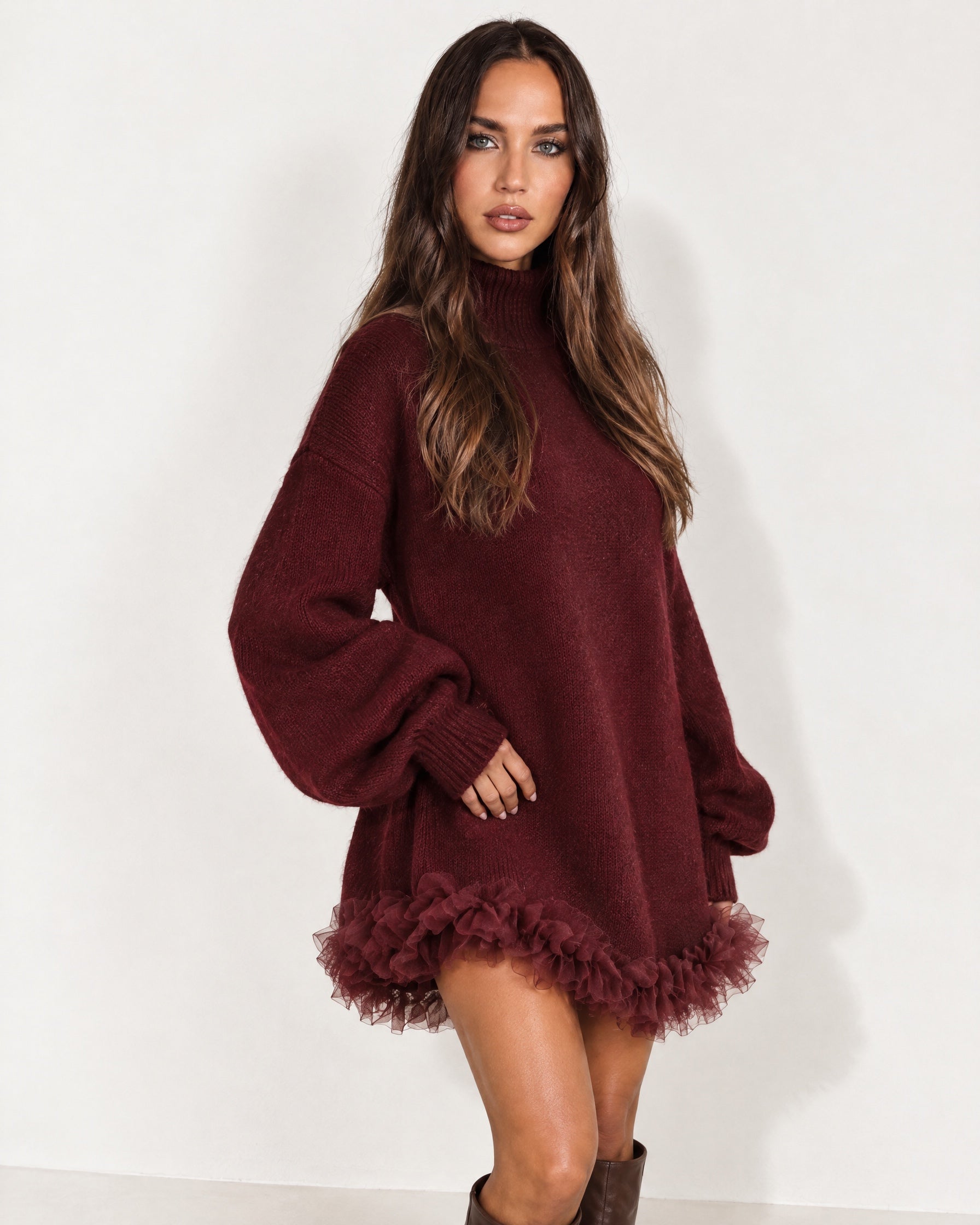 Dark Red Jumper Dress High Neck with Tulle Hem