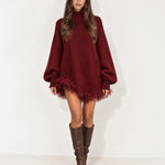Dark Red Jumper Dress High Neck with Tulle Hem