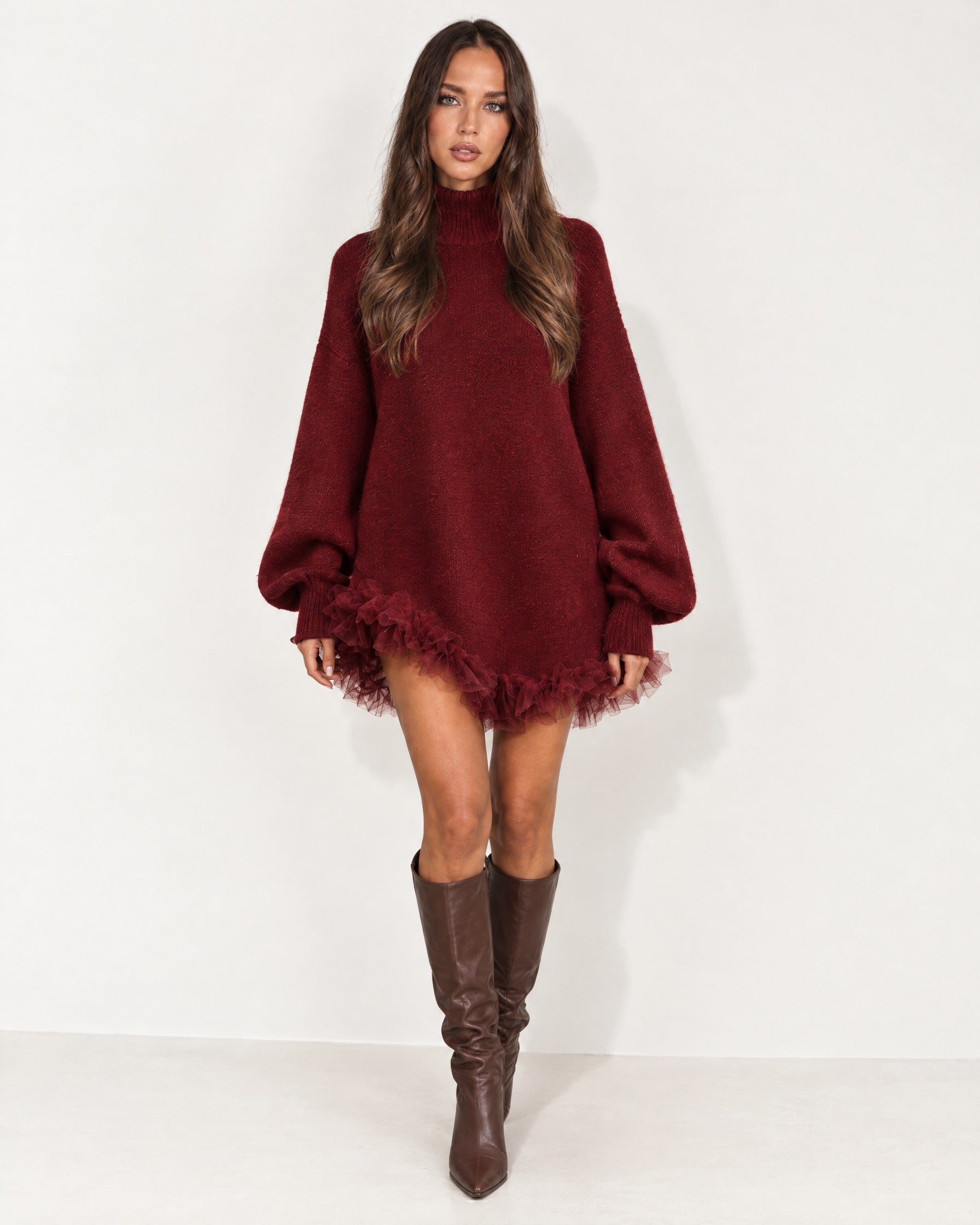 Dark Red Jumper Dress High Neck with Tulle Hem