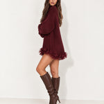 Dark Red Jumper Dress High Neck with Tulle Hem