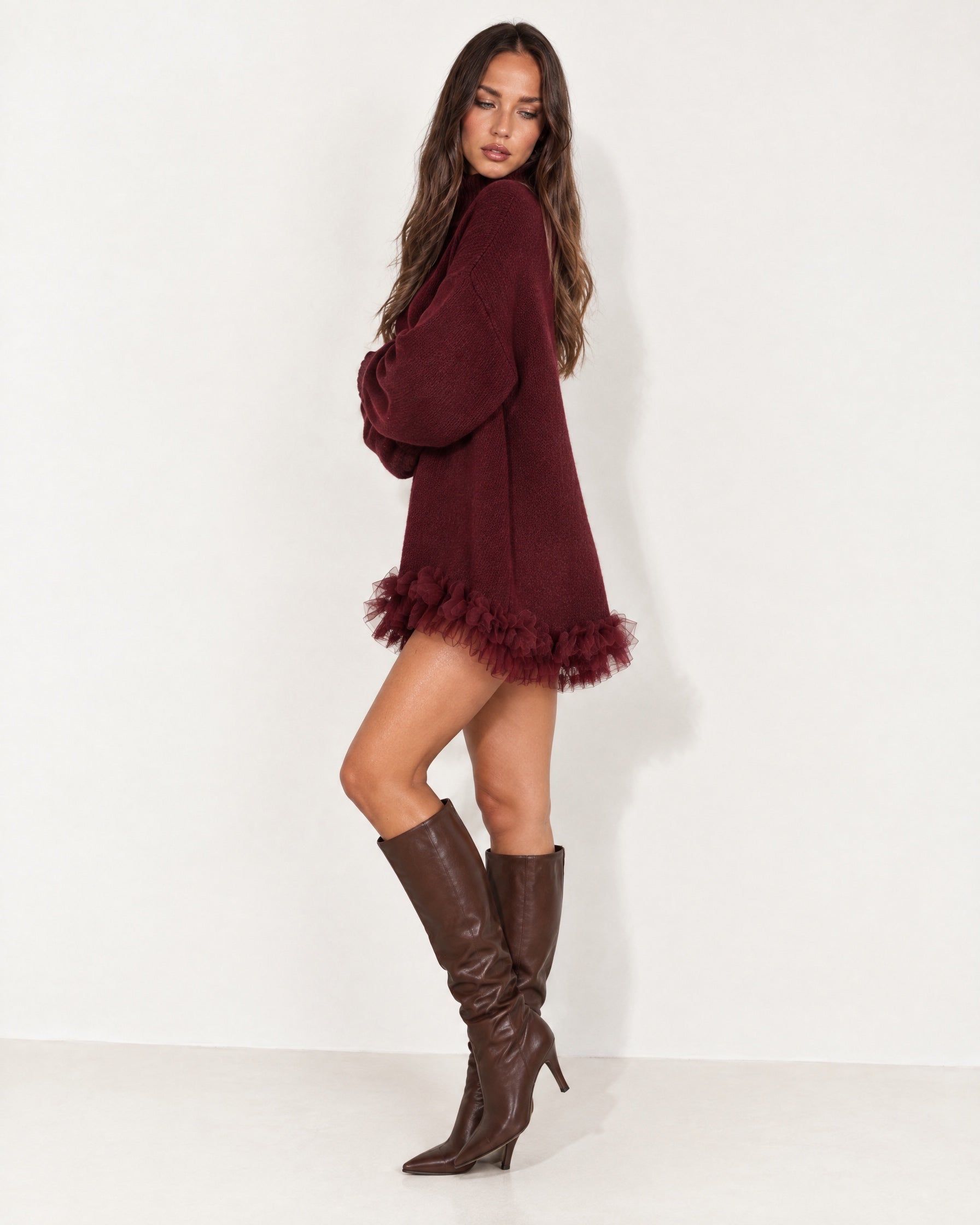 Dark Red Jumper Dress High Neck with Tulle Hem