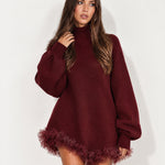 Dark Red Jumper Dress High Neck with Tulle Hem