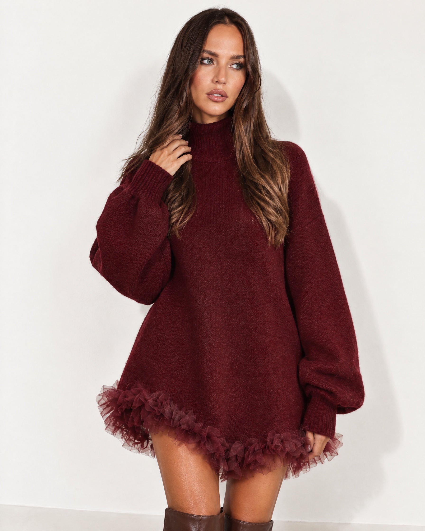 Dark Red Jumper Dress High Neck with Tulle Hem