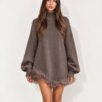 Taupe Jumper Dress High Neck with Tulle Hem
