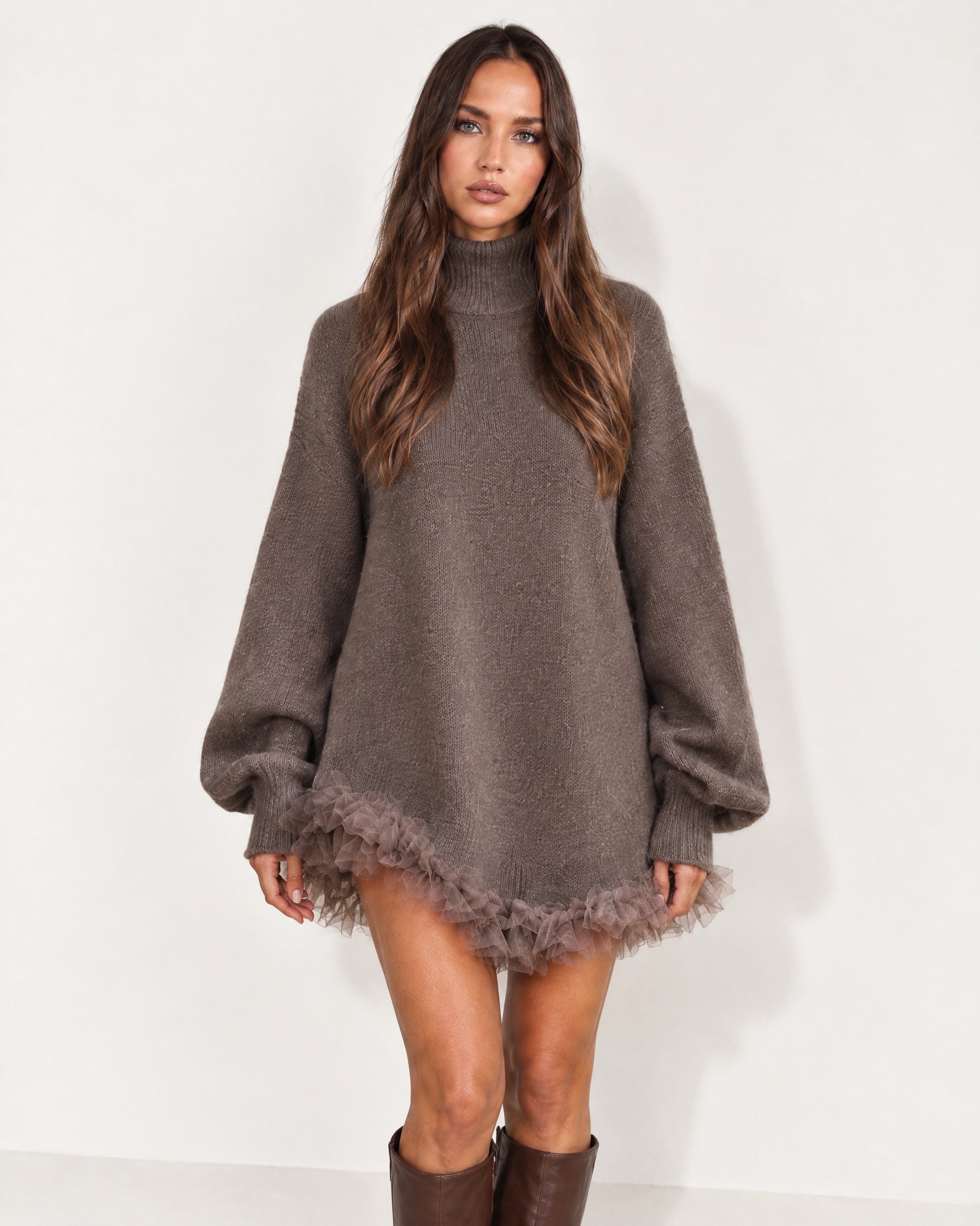 Taupe Jumper Dress High Neck with Tulle Hem