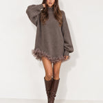 Taupe Jumper Dress High Neck with Tulle Hem