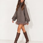Taupe Jumper Dress High Neck with Tulle Hem