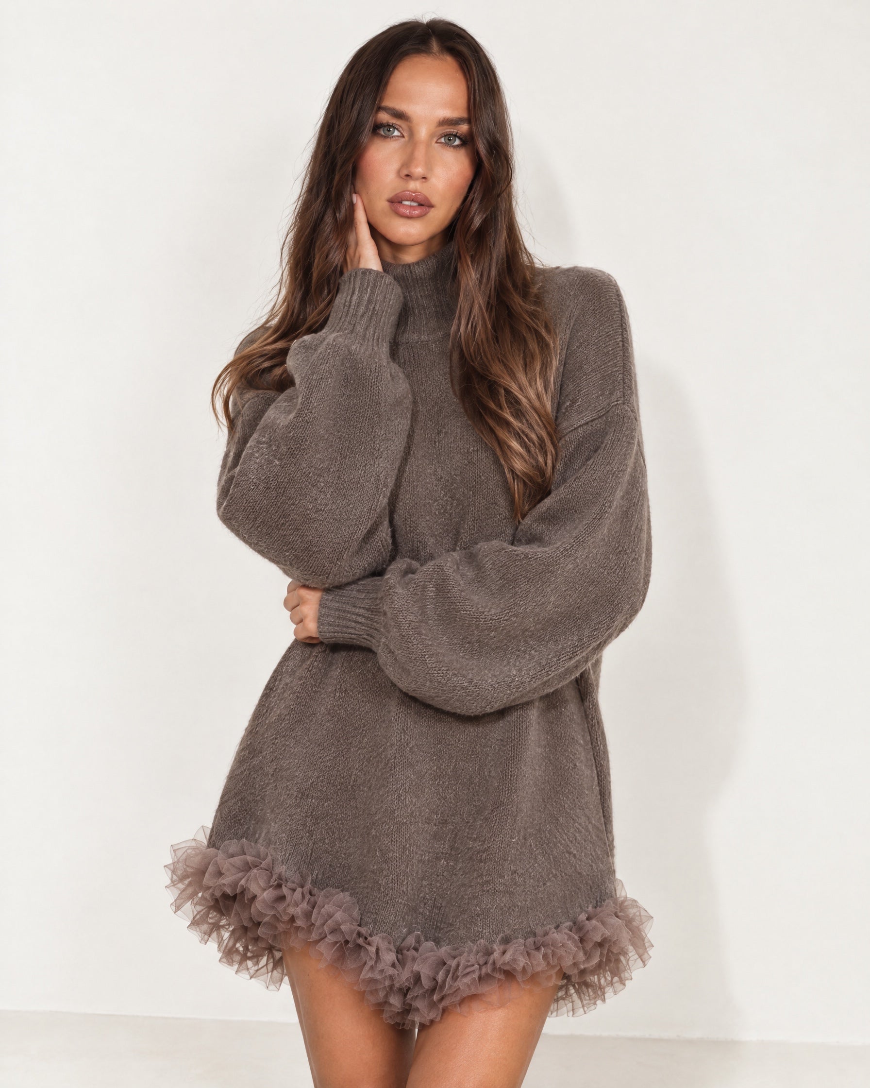 Taupe Jumper Dress High Neck with Tulle Hem