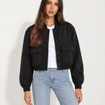 Black Utility Bomber Jacket Cropped with Flap Pockets
