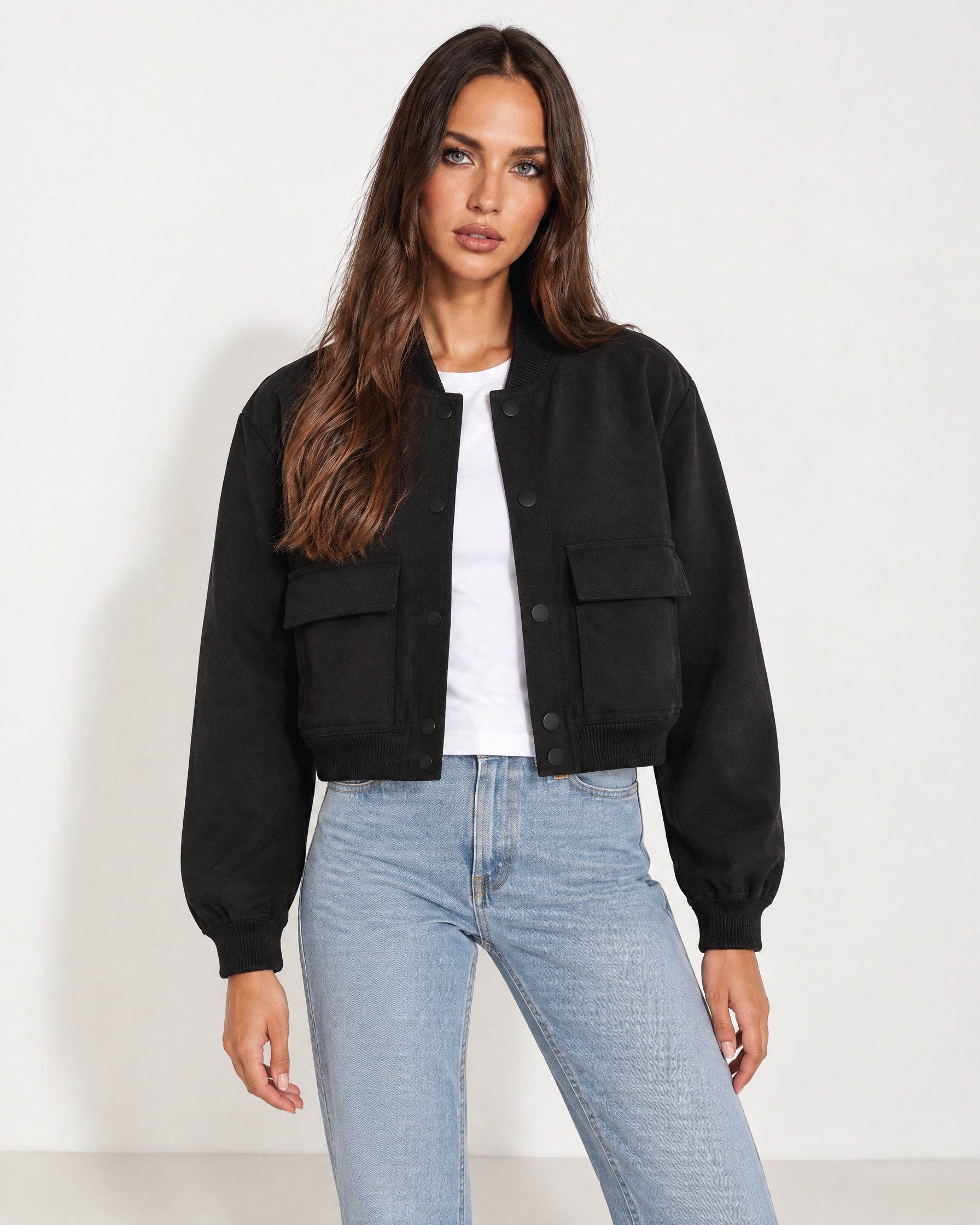 Black Utility Bomber Jacket Cropped with Flap Pockets