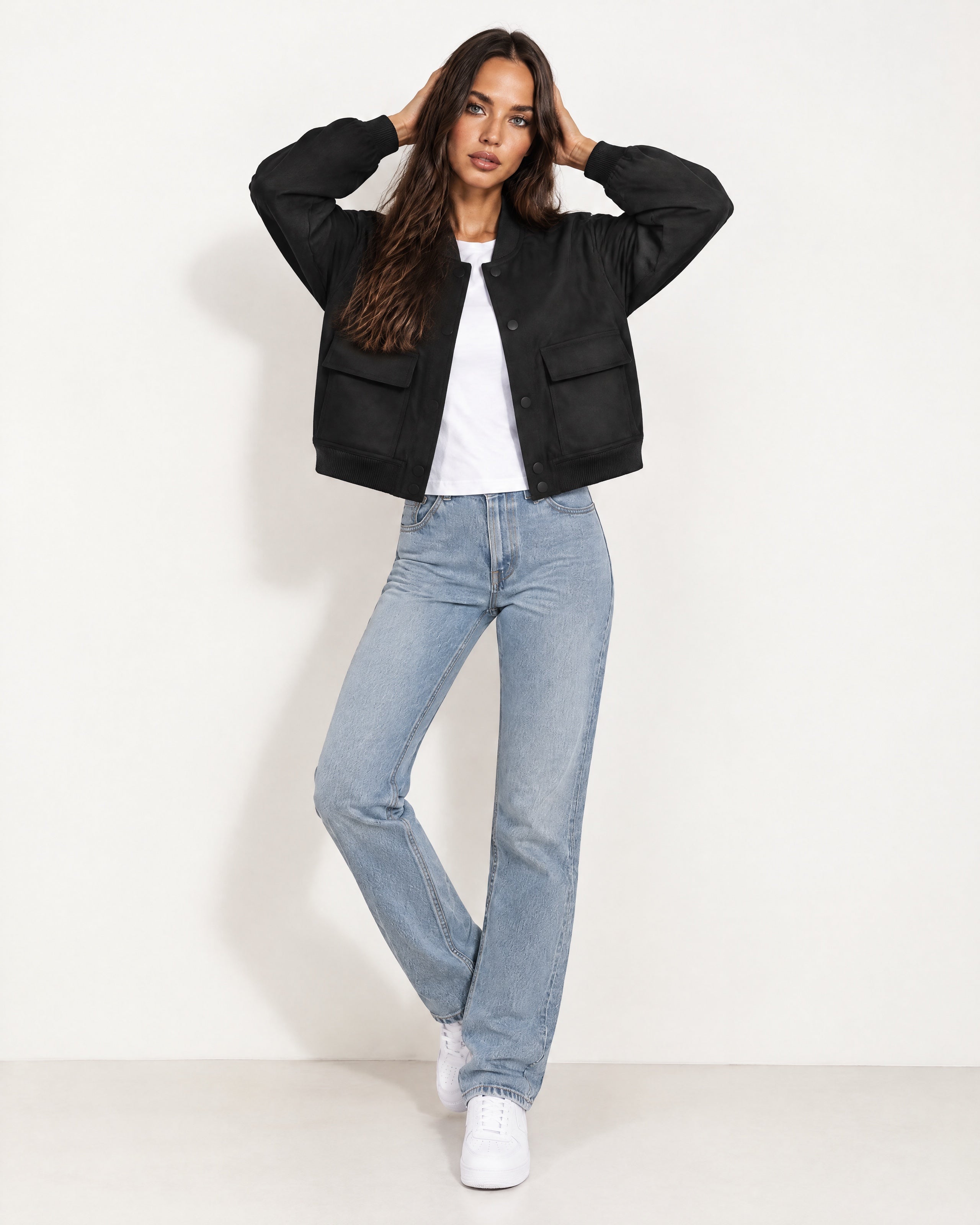 Black Utility Bomber Jacket Cropped with Flap Pockets