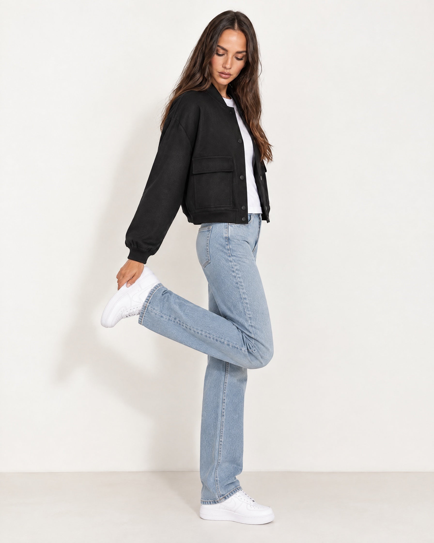 Black Utility Bomber Jacket Cropped with Flap Pockets