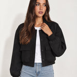 Black Utility Bomber Jacket Cropped with Flap Pockets
