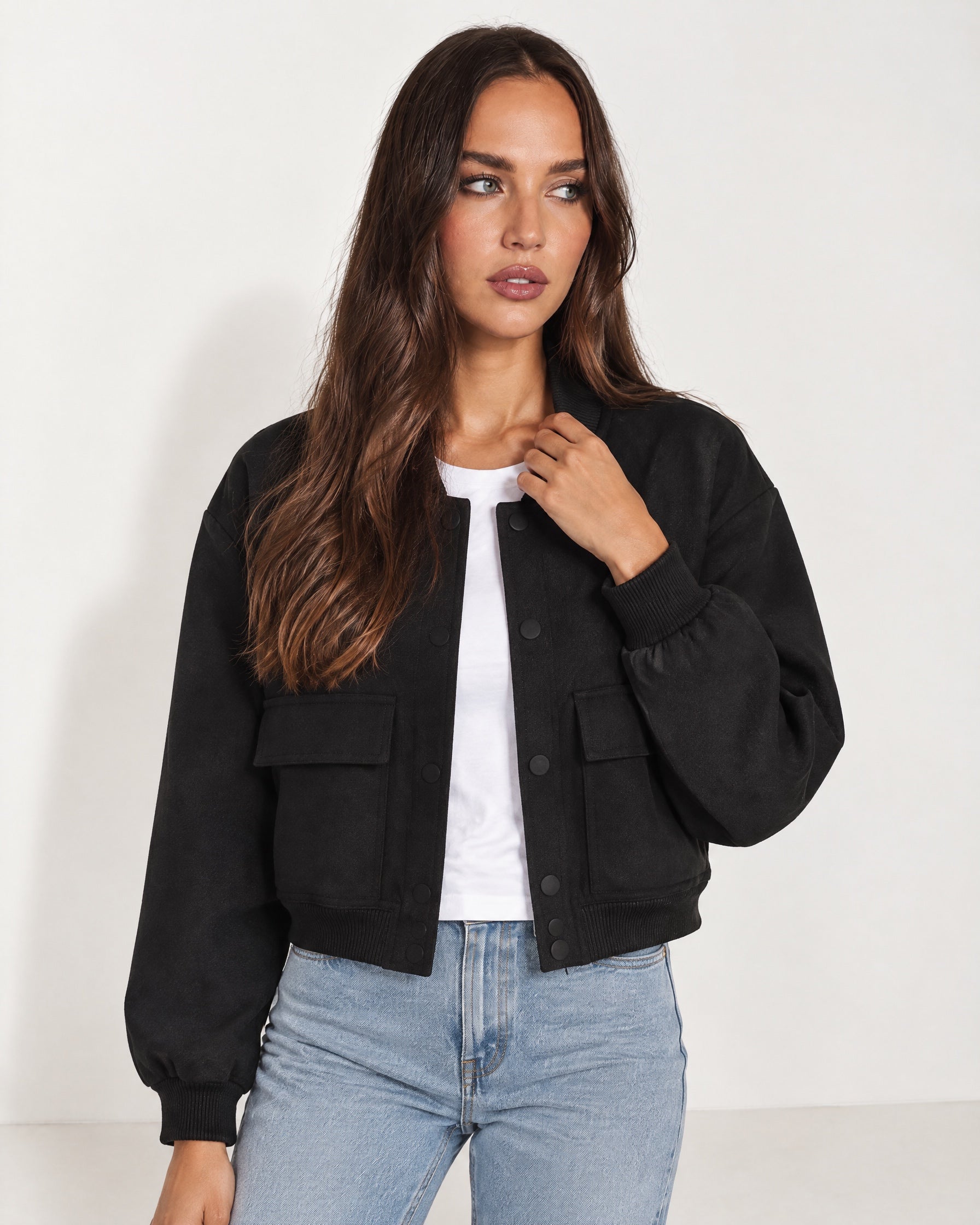 Black Utility Bomber Jacket Cropped with Flap Pockets
