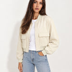 Cream Utility Bomber Jacket Cropped with Flap Pockets