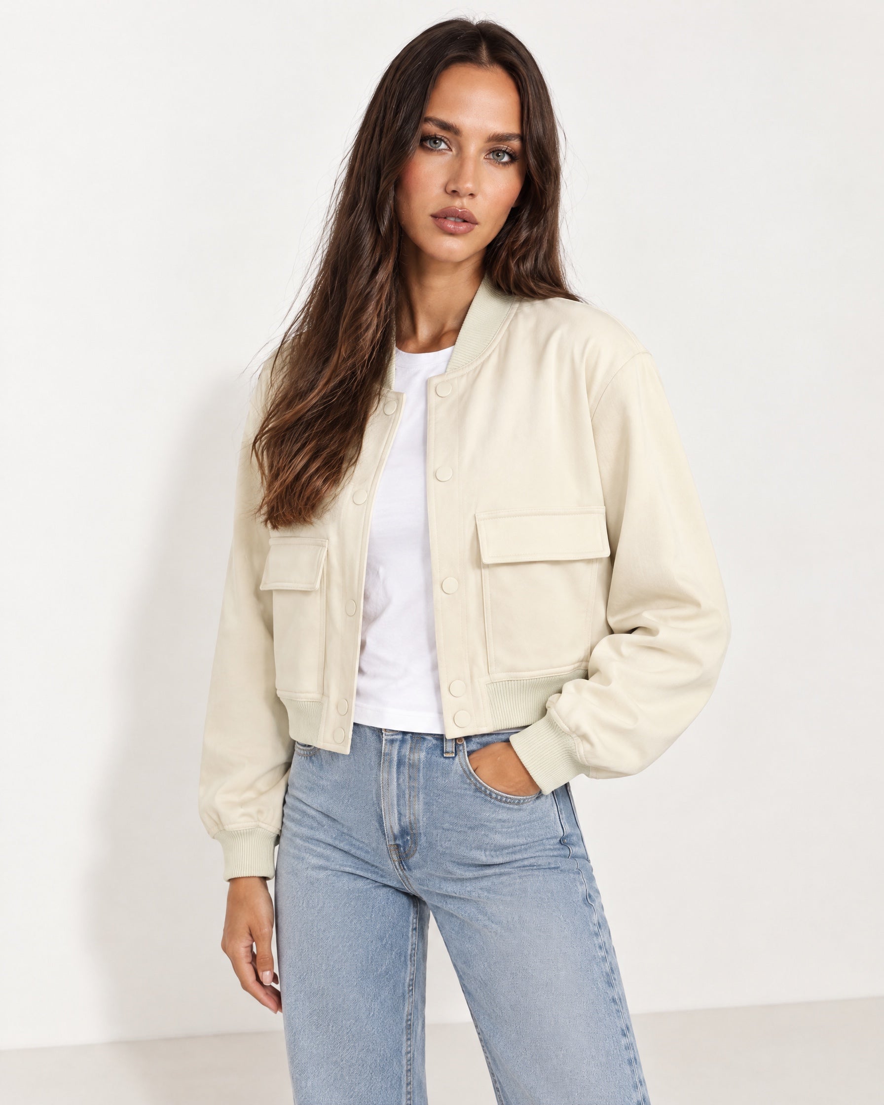 Cream Utility Bomber Jacket Cropped with Flap Pockets