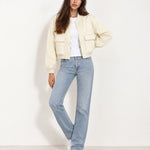 Cream Utility Bomber Jacket Cropped with Flap Pockets
