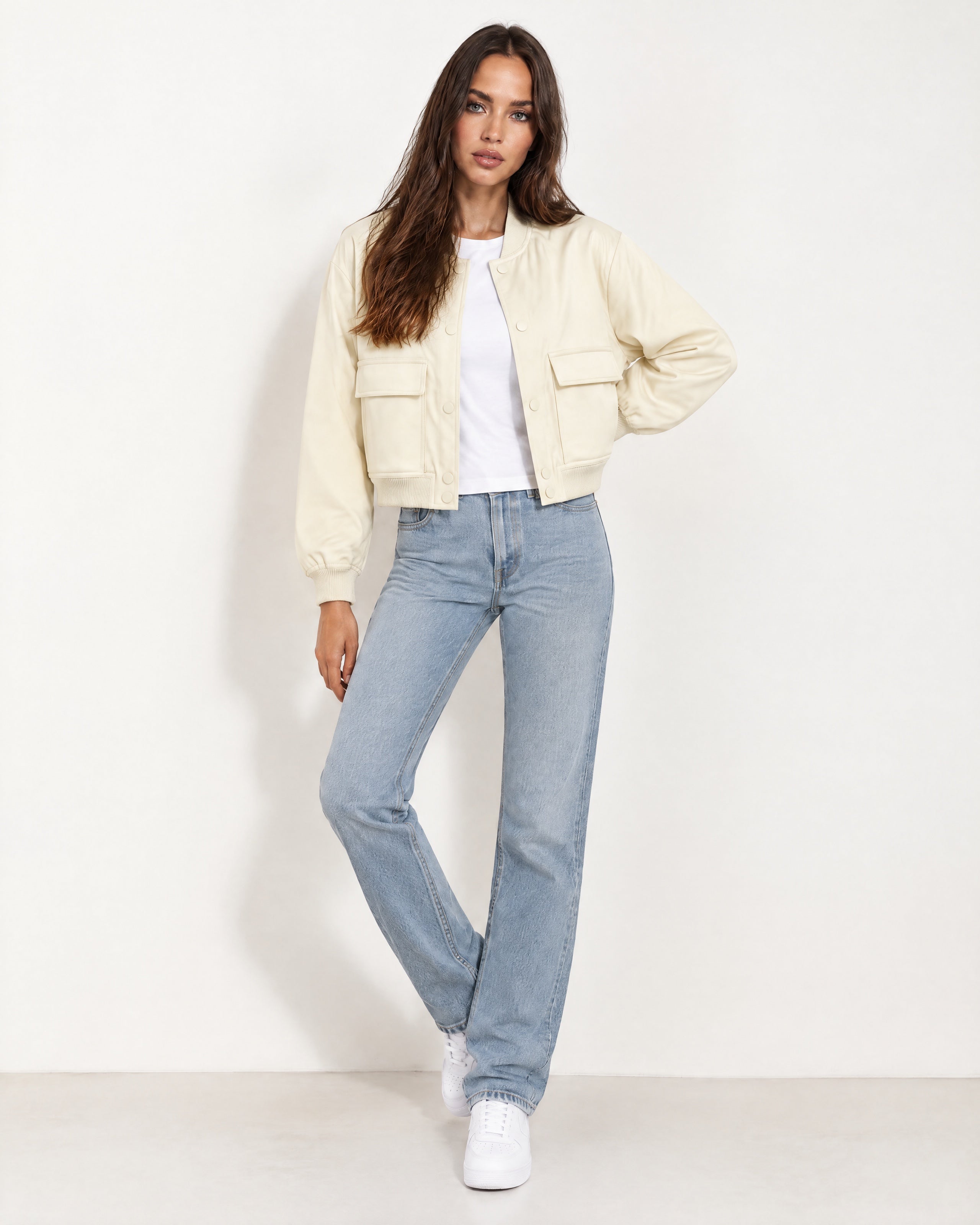 Cream Utility Bomber Jacket Cropped with Flap Pockets