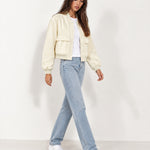 Cream Utility Bomber Jacket Cropped with Flap Pockets