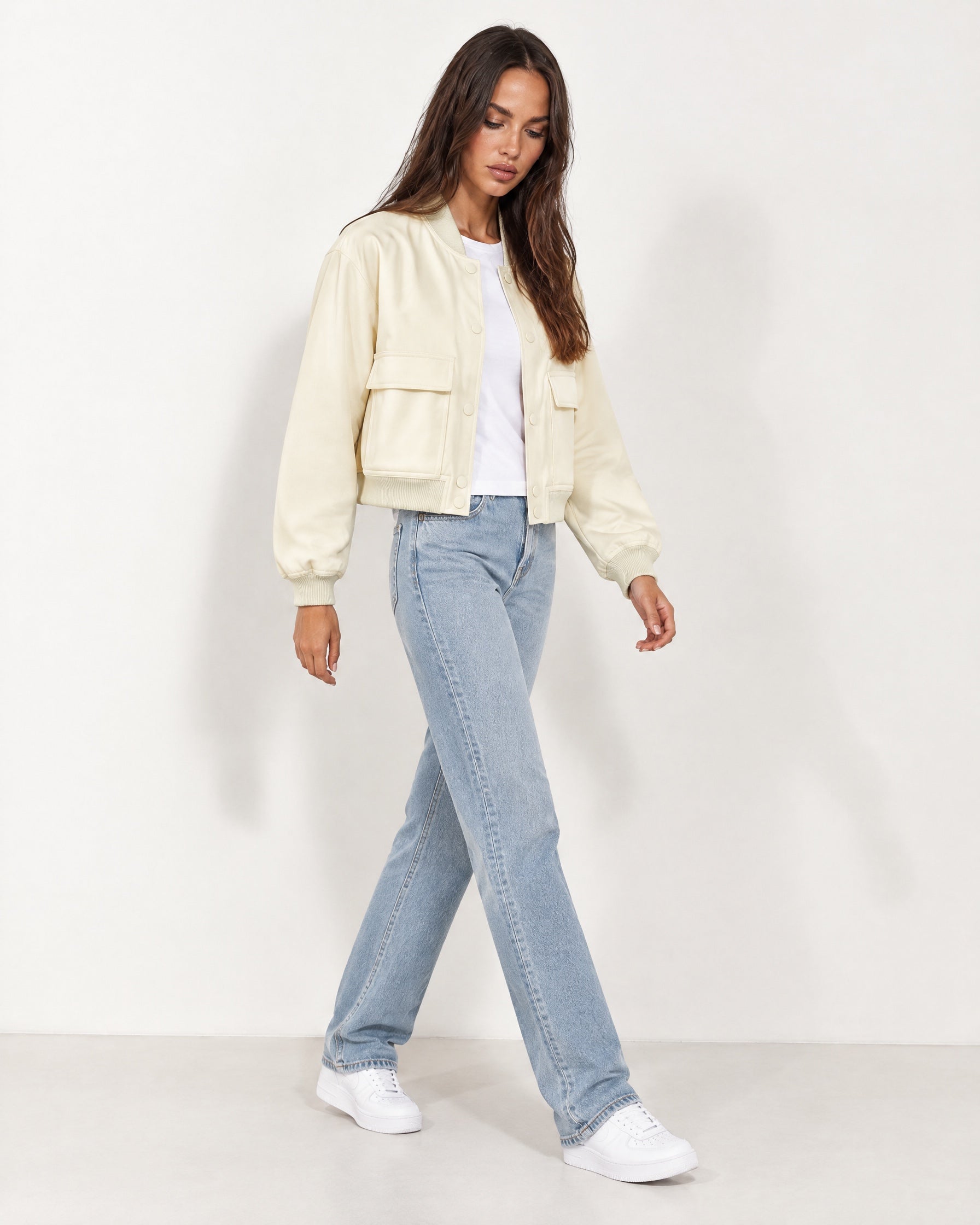 Cream Utility Bomber Jacket Cropped with Flap Pockets