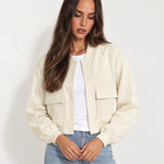 Cream Utility Bomber Jacket Cropped with Flap Pockets