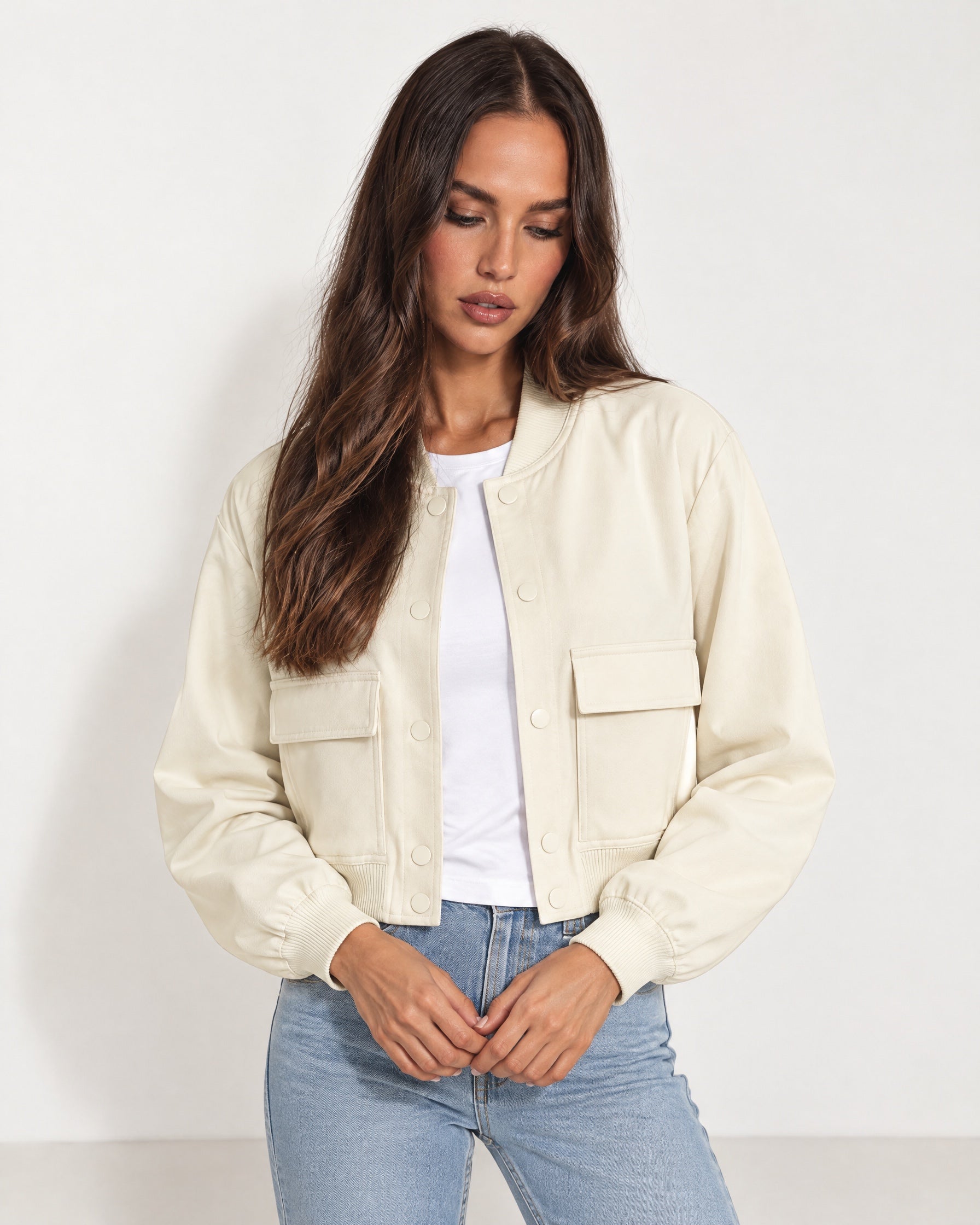 Cream Utility Bomber Jacket Cropped with Flap Pockets