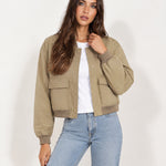 Khaki Utility Bomber Jacket Cropped with Flap Pockets