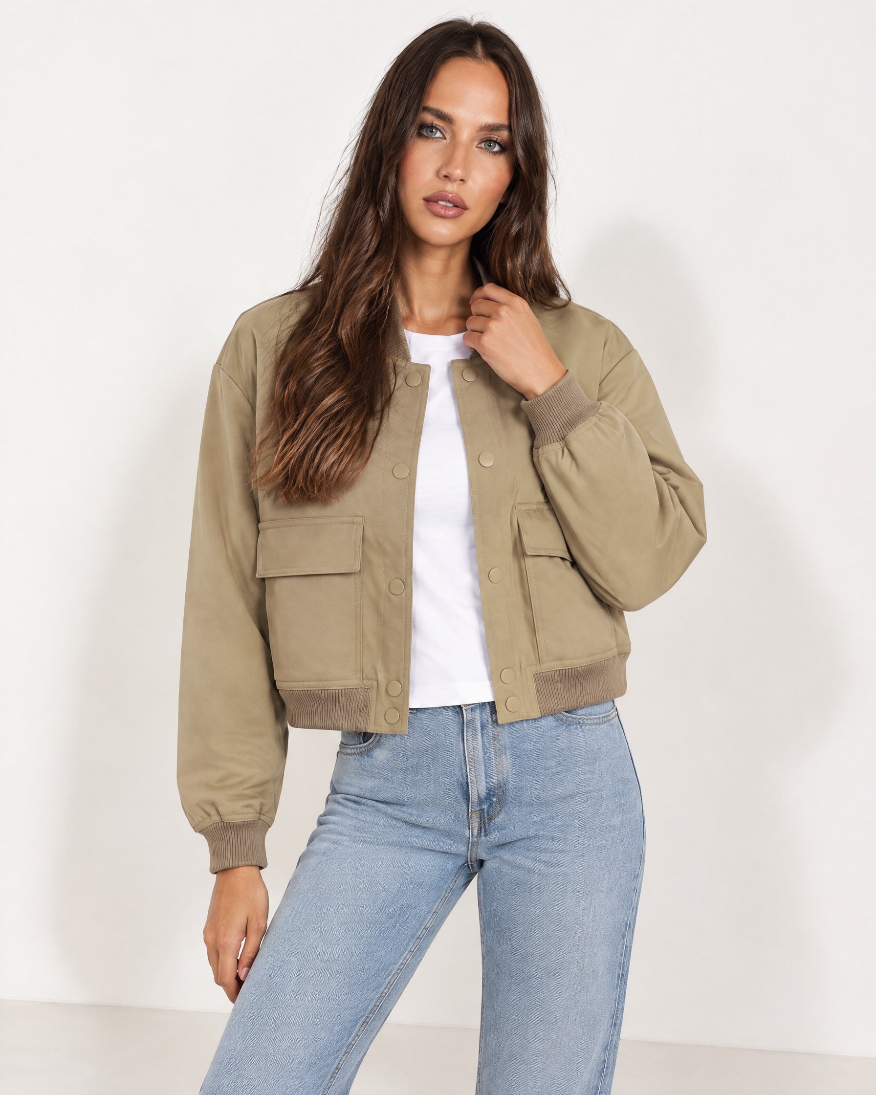 Khaki Utility Bomber Jacket Cropped with Flap Pockets
