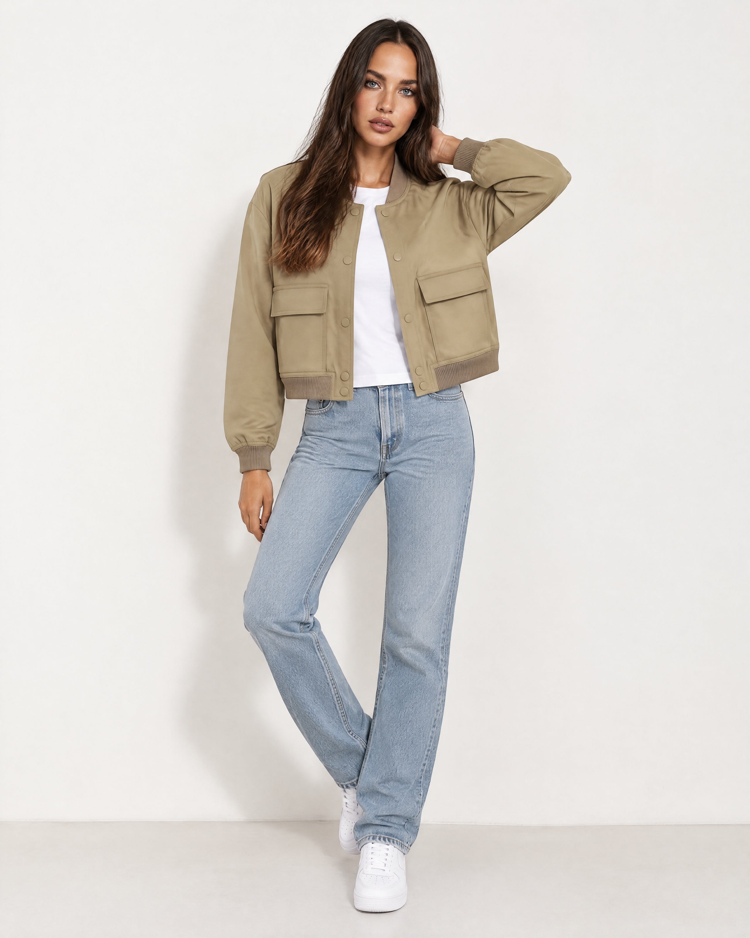 Khaki Utility Bomber Jacket Cropped with Flap Pockets