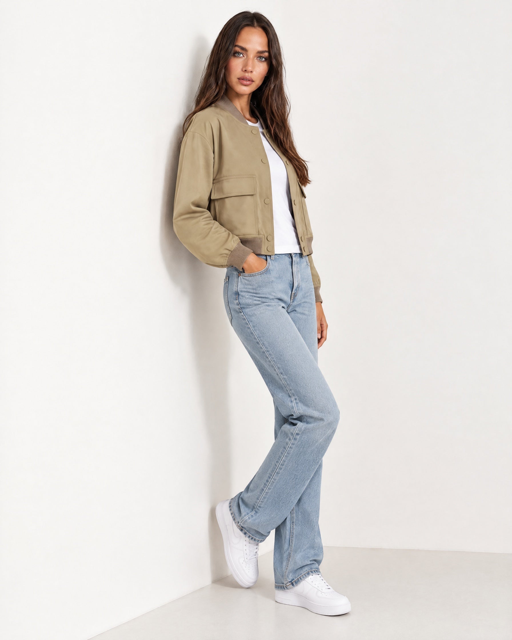Khaki Utility Bomber Jacket Cropped with Flap Pockets