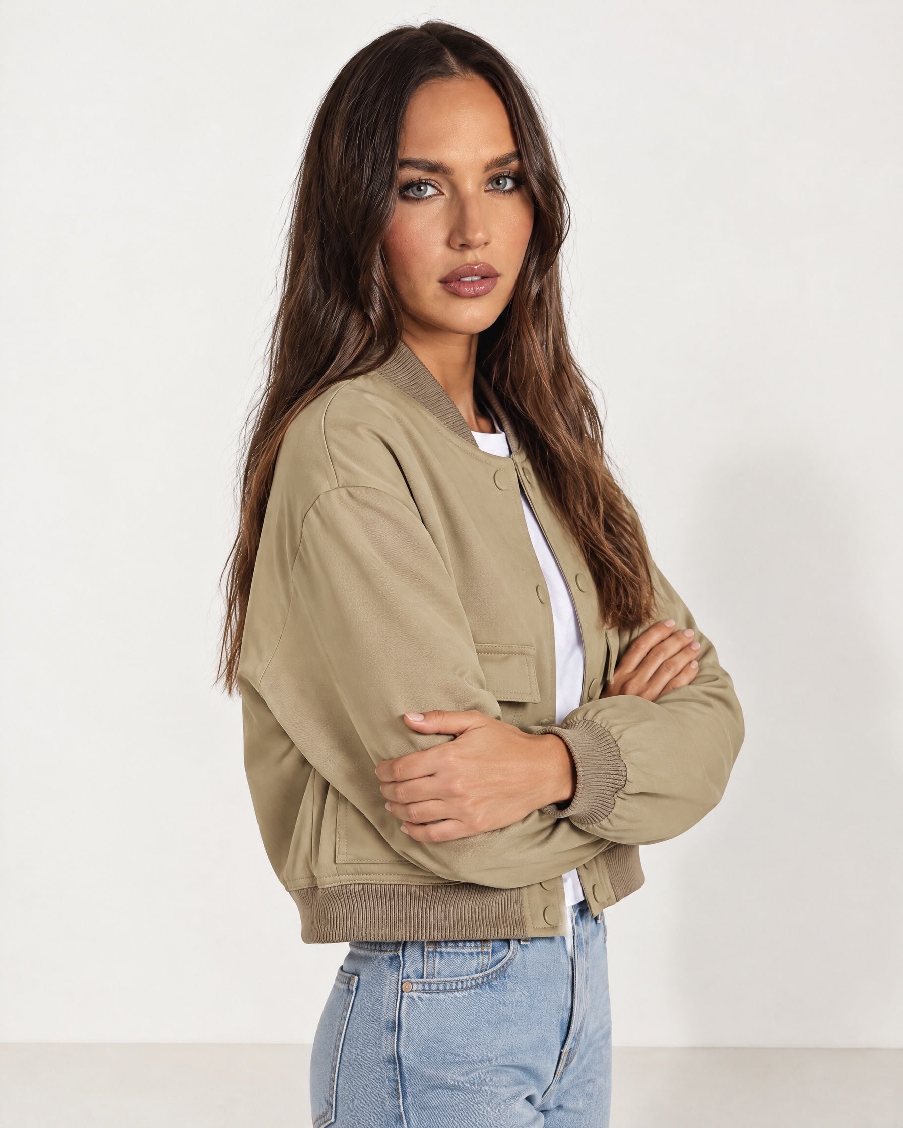 Khaki Utility Bomber Jacket Cropped with Flap Pockets
