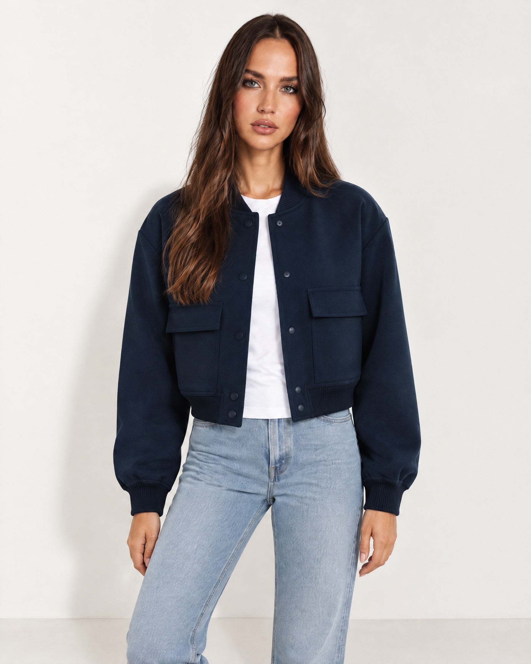 Navy Utility Bomber Jacket Cropped with Flap Pockets