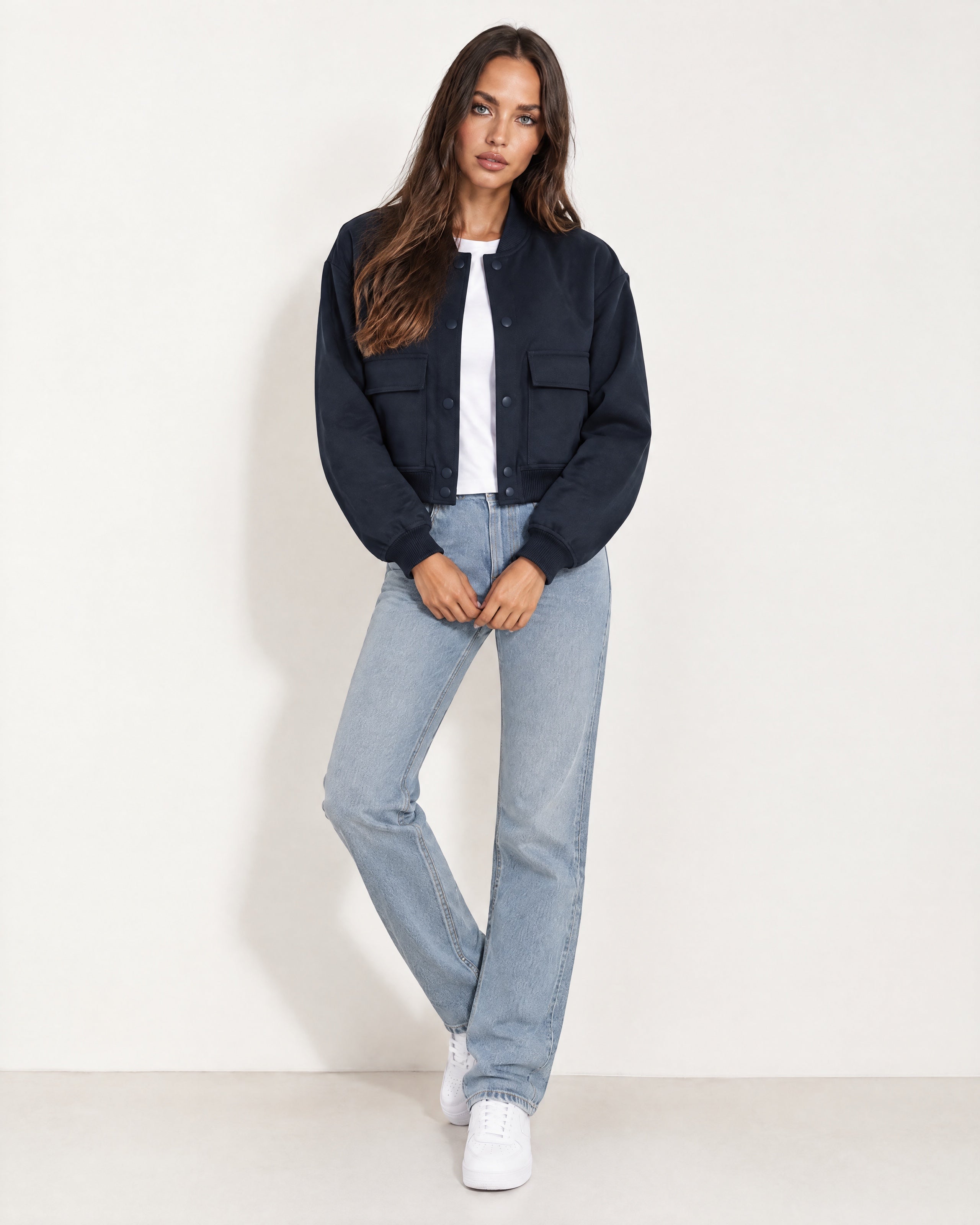 Navy Utility Bomber Jacket Cropped with Flap Pockets