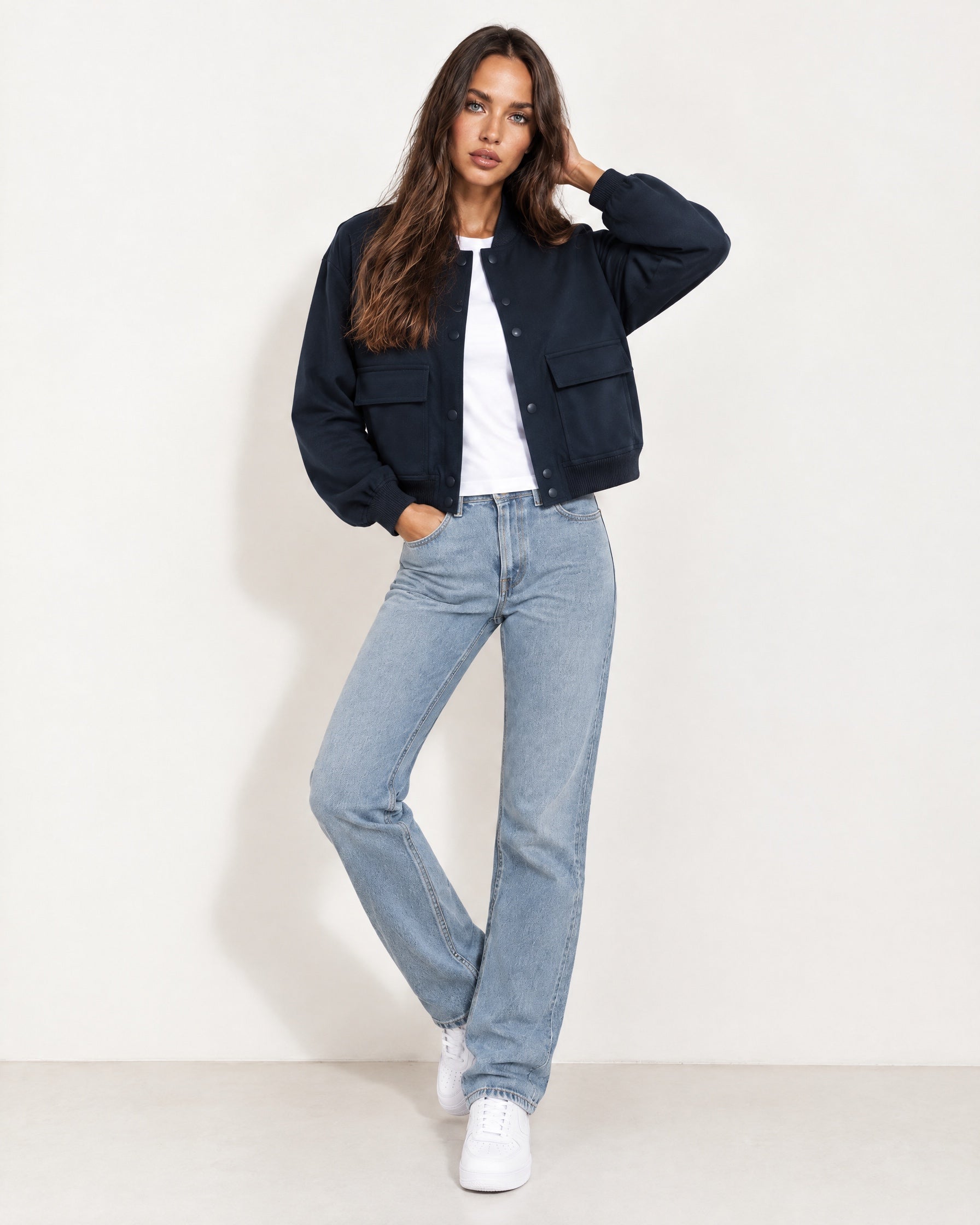 Navy Utility Bomber Jacket Cropped with Flap Pockets