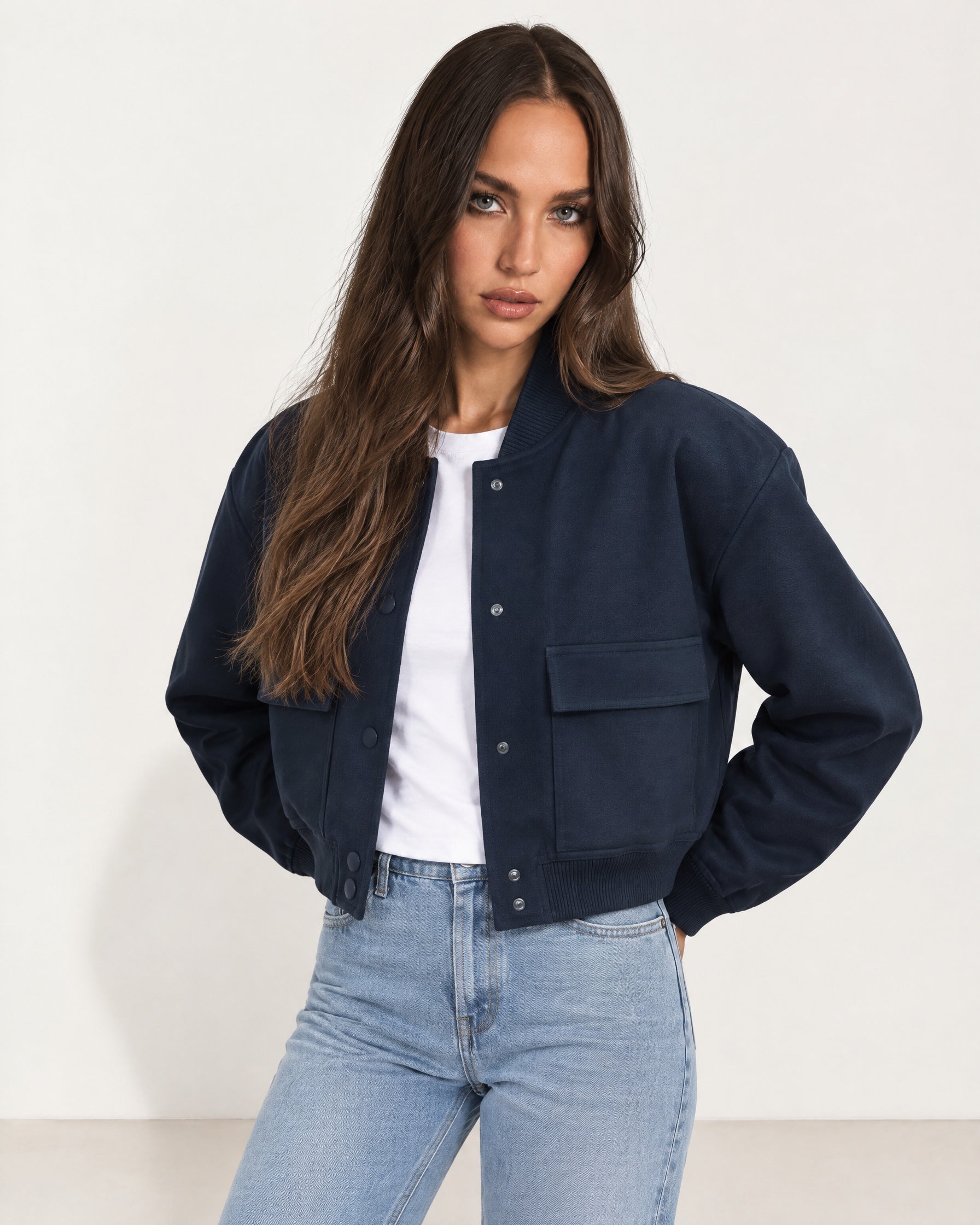 Navy Utility Bomber Jacket Cropped with Flap Pockets