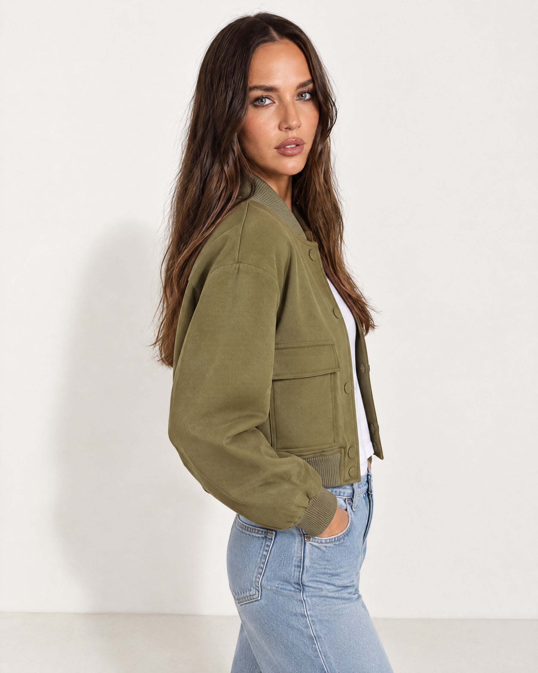 Olive Utility Bomber Jacket Cropped with Flap Pockets